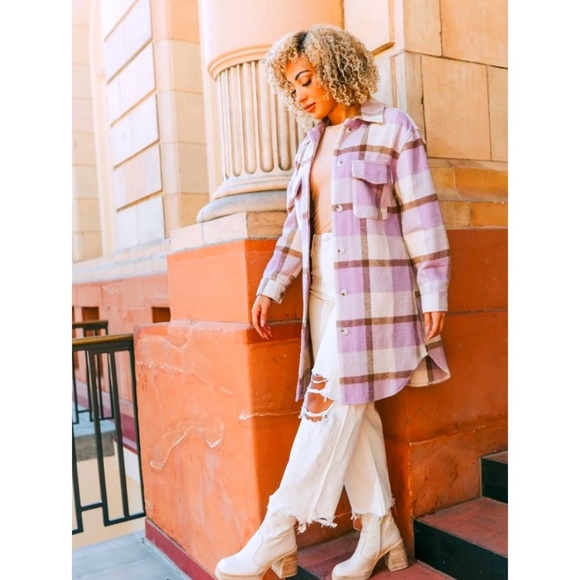 BLANK NYC I Feel You Purple, White & Brown Shacket Long Shirt Jacket - Picture 3 of 5